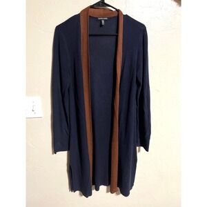 EILEEN FISHER Navy Brown Ribbed Cardigan Long Sleeve Open Front Duster silk